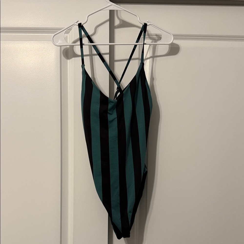 Nike Teal and Black Striped One Piece Swimsuit